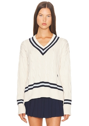 Sporty & Rich Cableknit V Neck Sweater in Ecru  Dark Navy  & Ciel - Cream. Size XL (also in L).
