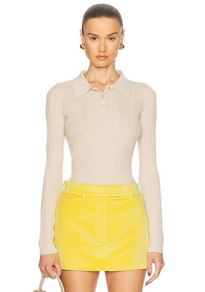 RENGGLI Cashmere Silk Rib Pointelle Knit Polo in Sand - Tan. Size M (also in XS, S, L, XL).