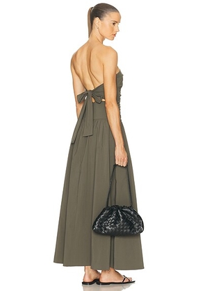St. Agni Gathered Strapless Tie Back Dress in Khaki - Army. Size L (also in ).