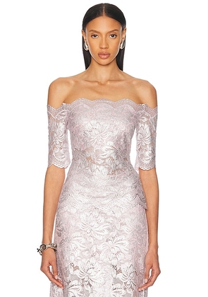 RABANNE Off Shoulder Lace Top in Powder Pink & Silver - Blush. Size 36 (also in 38, 40).