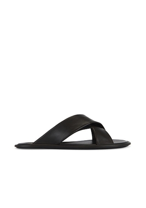 Saint Laurent Talha Flat Sandal in Harris Eagle Brown - Chocolate,Black. Size 36.5 (also in 37, 37.5, 38, 38.5, 39.5, 40, 41, 42).