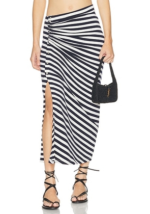 RABANNE Striped Draped Midi Skirt in Navy & Cream - Navy. Size 36 (also in 38, 40, 42).