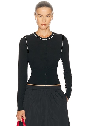 St. Agni Wool Fine Line Cardigan in Black & Off White - Black. Size L (also in M, S, XS).