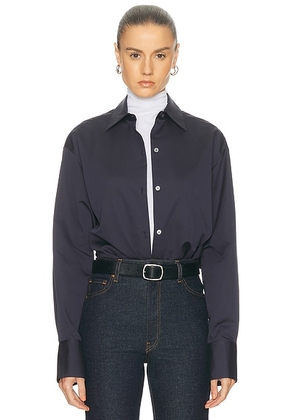 RENGGLI Cotton Silk Button Up Top in Midnight - Blue. Size M (also in L, S, XL, XS).
