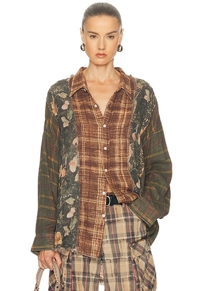 R13 Multi-strip Drop Neck Shirt in Multi Print Brown - Brown,Olive. Size M (also in L, S, XS).
