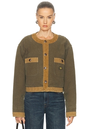 R13 Cord Trimmed Cropped Chore Jacket in Dusky Olive Canvas Green - Olive. Size M (also in L, S, XS).