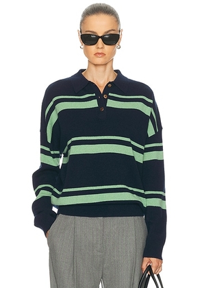 RENGGLI Cashmere Striped Polo Top in Midnight & Jade - Navy. Size XL (also in L, M).
