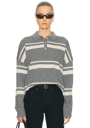 RENGGLI Cashmere Striped Polo Top in Pebble & Eggshell - Grey. Size XL (also in L).