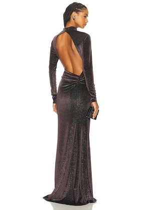 The Sei Open Back Long Sleeve Gown in Cocoa - Metallic Neutral. Size M (also in L, S).