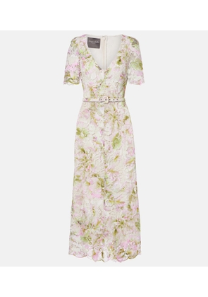 Monique Lhuillier Belted lace midi dress