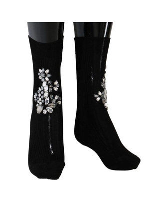 Dolce & Gabbana Black Knitted Floral Clear Crystal Socks - S