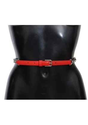 Dolce & Gabbana Red Leather Roses Floral Silver Waist Belt - 80 cm / 32 Inches