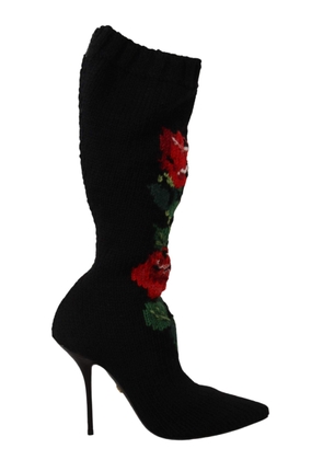 Dolce & Gabbana Black Stretch Socks Red Roses Booties - EU35/US4.5