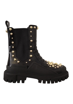 Studded Leather Combat Boots with Embroidery - EU36/US5.5