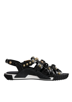 Black Leather Studded Slides Sandals Shoes - EU40/US7