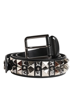 Black Calf Leather Studded Silver Buckle Belt - 100 cm / 40 Inches