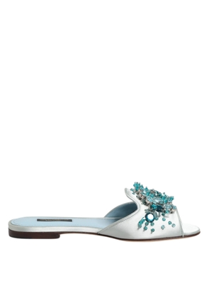 Silver Blue Leather Bead Embellish Slide Shoes - EU36.5/US6