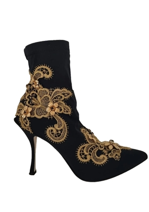 Black Gold Embroidery Crystal Boots Shoes - EU36.5/US6