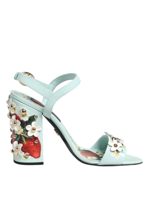 Dolce & Gabbana Mint Green Floral Studs Heels Sandals Shoes - EU37.5/US7