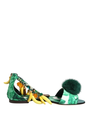 Green Mink Fur Satin Banana Leaf Sandals Shoes - EU35/US4.5