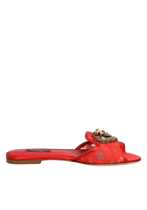Dolce & Gabbana Red Devotion Lace Flats Slip On Sandals Shoes - EU36/US5.5