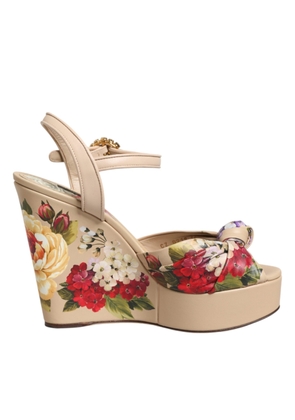 Dolce & Gabbana Beige Floral Ankle Strap Wedge Sandals Shoes - EU35/US4.5