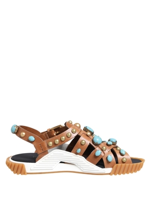 Brown Leather Studded Slides Sandals Shoes - EU43/US10