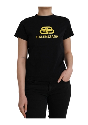 Black Cotton Logo Print Crew Neck Short Sleeves T-shirt - S