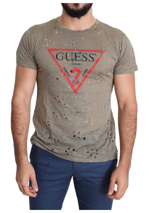 Guess Brown Cotton Stretch Logo Print Men Casual Perforated T-shirt - XL