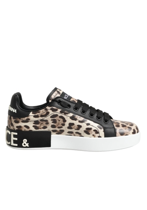 Dolce & Gabbana Brown Leather Leopard Low Top Sneakers Shoes - EU35/US4.5