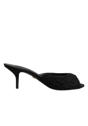 Dolce & Gabbana Black Embroidered Slip On Heels Slides Shoes - EU36.5/US6