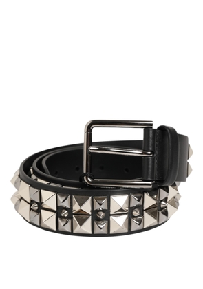 Dolce & Gabbana Black Calf Leather Studded Silver Buckle Belt - 100 cm / 40 Inches