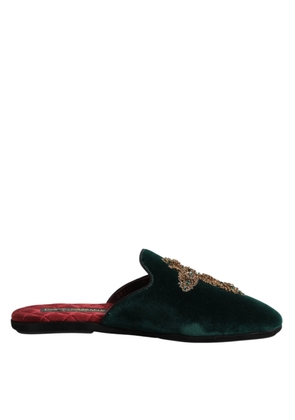 Green Velvet Cross Embellished Slippers Shoes - EU40/US7