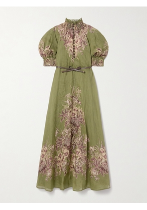 Zimmermann - Ottie Belted Leather-trimmed Floral-print Ramie Maxi Dress - Green - 00,0,1,2,3,4