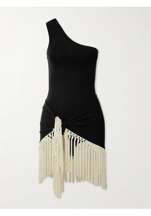 Taller Marmo - Yacare One-shoulder Swimsuit And Fringed Pareo Set - Black - x small,small,medium,large,x large