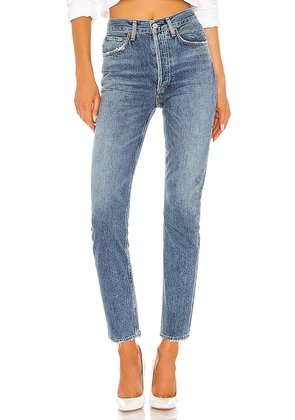 AGOLDE Riley High Rise Straight Crop Jeans in Denim-Medium. Size 24. Also in 23, 25, 26, 27, 28, 29, 30, 31, 32, 34, 33.