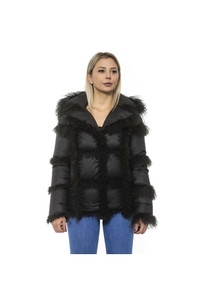 Mr&Mrs Italy Black Poly Jacket with Lamb Fur Hood for Women - M