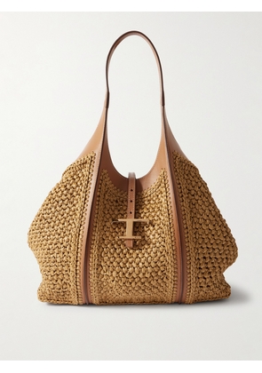 Tod's - T Timeless Leather-trimmed Raffia Shoulder Bag - Neutrals - One size