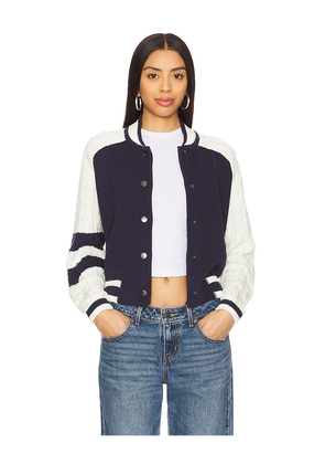 Central Park West Cable Sleeve Knit Bomber in Navy. Size L. Also in S, XS, M.