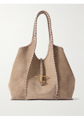 Tod's - T Timeless Whipstitched Leather-trimmed Suede Shoulder Bag - Brown - One size