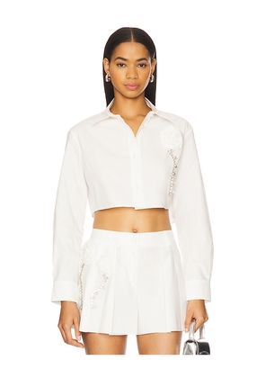 AREA Crystal Rosette Poplin Cropped Shirt in Ivory. Size 2. Also in 4.