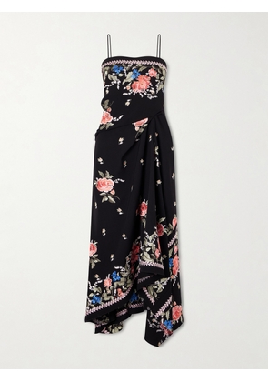 Erdem - Asymmetric Embroidered Grain De Poudre Wool Midi Dress - Black - UK 6,UK 8,UK 10,UK 12,UK 14,UK 16