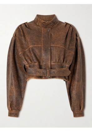Chloé - Cropped Belted Textured-leather Jacket - Brown - FR 34,FR 36,FR 38,FR 40,FR 42
