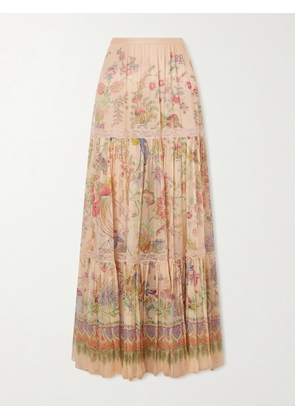 Etro - Tiered Pleated Lace-trimmed Printed Silk Maxi Skirt - Multi - IT36,IT38,IT40,IT42,IT44,IT46,IT48,IT50