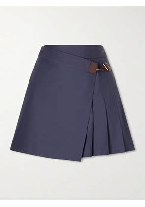 LOEWE - Pleated Leather-trimmed Cotton-blend Mini Skirt - Blue - FR 34,FR 36,FR 38,FR 40,FR 42,FR 44