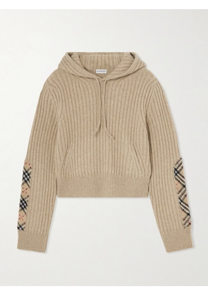 Burberry - Checked Bouclé-trimmed Ribbed Wool And Cashmere-blend Hoodie - Neutrals - xx small,x small,small,medium,large,x large