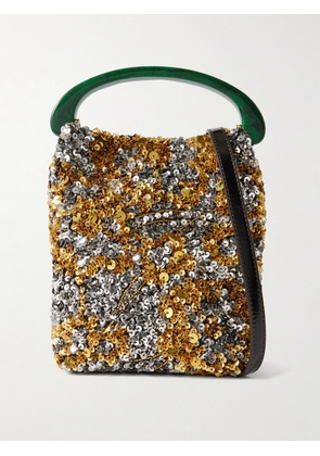 Dries Van Noten - Leather-trimmed Embellished Satin-crepe Shoulder Bag - Silver - One size