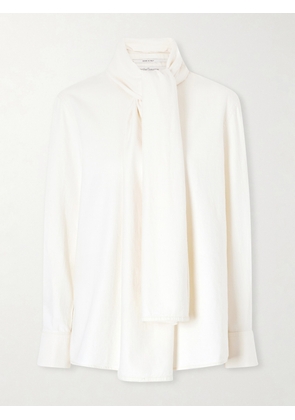 Another Tomorrow - Pussy-bow Cotton-chambray Blouse - Ecru - x small,small,medium,large,x large