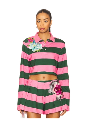 AREA Embroidered Flower Cropped Polo Top in Pink,Dark Green. Size M. Also in L, XS.