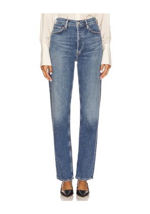 AGOLDE 90s Pinch Waist Long High Rise Straight Jeans in Blue. Size 24. Also in 23, 25, 26, 27, 28, 29, 33, 34.